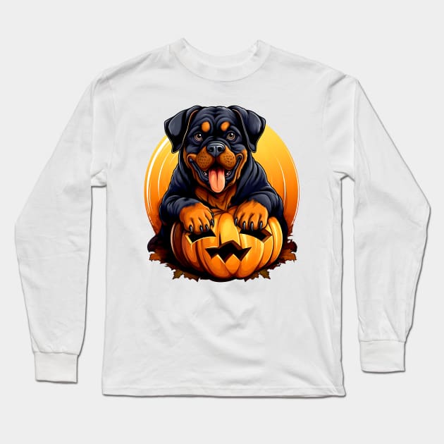 Rottweiler Dog inside Pumpkin #2 Long Sleeve T-Shirt by Chromatic Fusion Studio